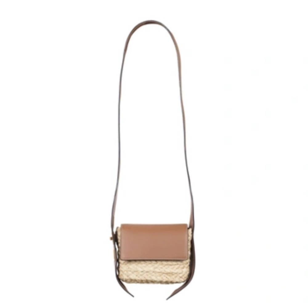 Sam Edelman Tan Straw Woven Leather Trim  Flap Small Crossbody Handbag